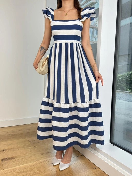 Summer Women elegant Off Shoulder stripe Strap Dress 8