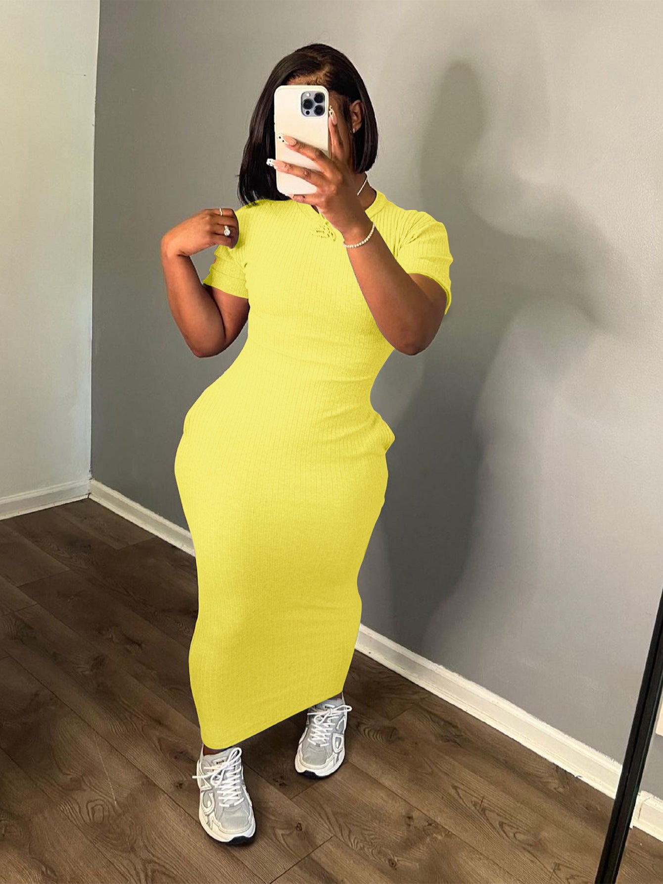 Summer Women's Fashion Round Neck Solid Rib Short Sleeve Sexy Slim Long Dress 5