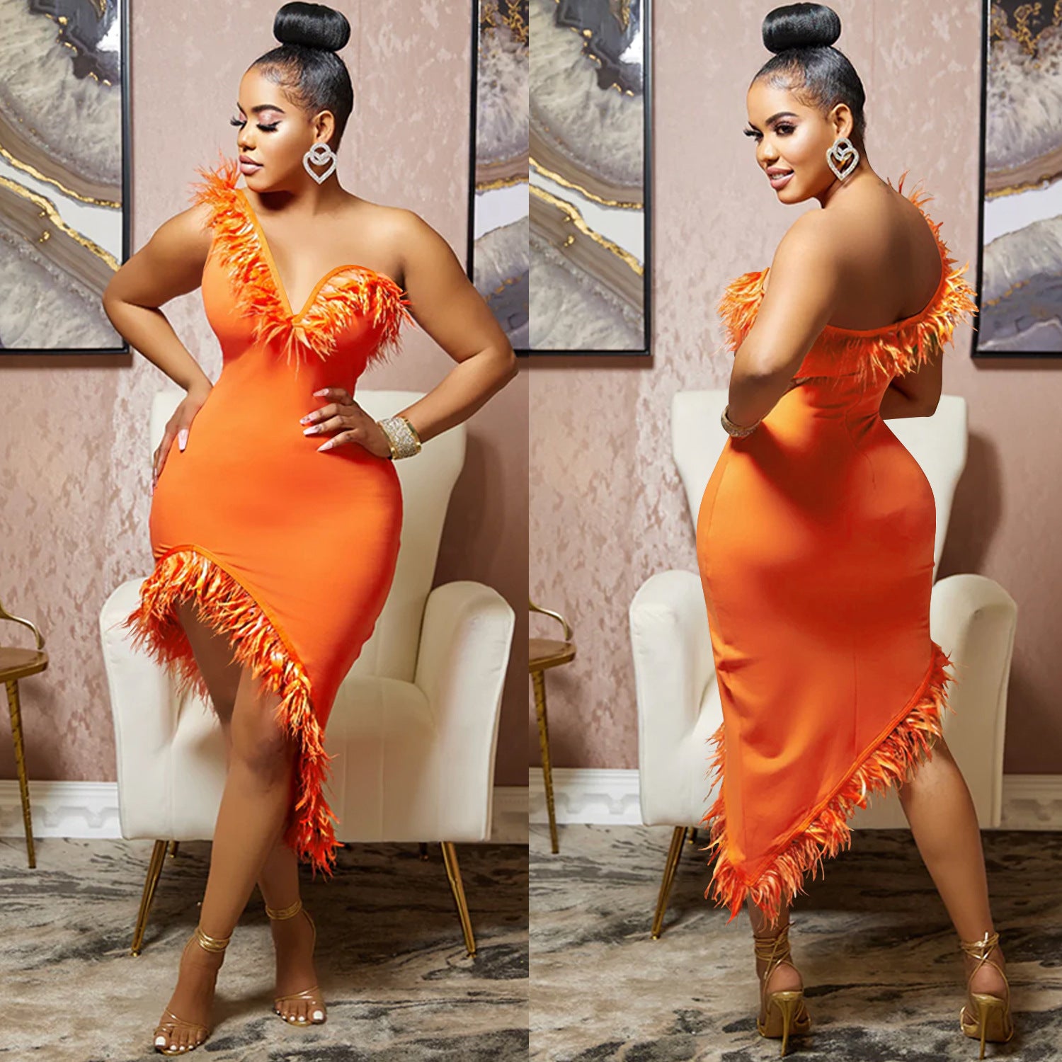 Solid color V-neck sleeveless feather irregular skirt dress 9