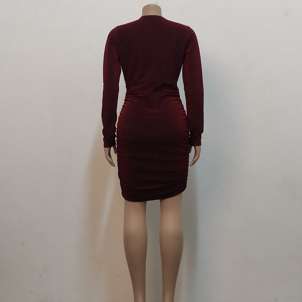 Sexy Fashion Bright Silk V-Neck Women's Long Sleeve Dress 5