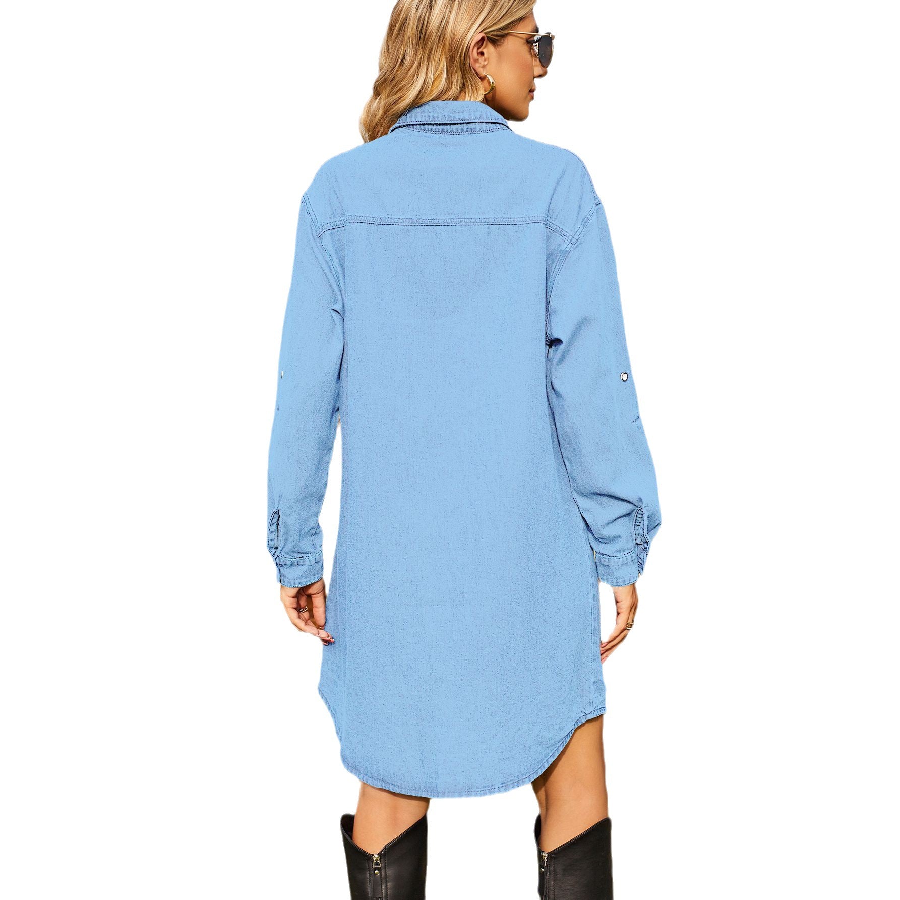 Women Washed Denim Loose Casual Long Sleeve Dress 7