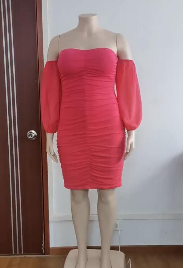 Plus Size Women Fall Mesh Pleated Long Sleeve Dress 14