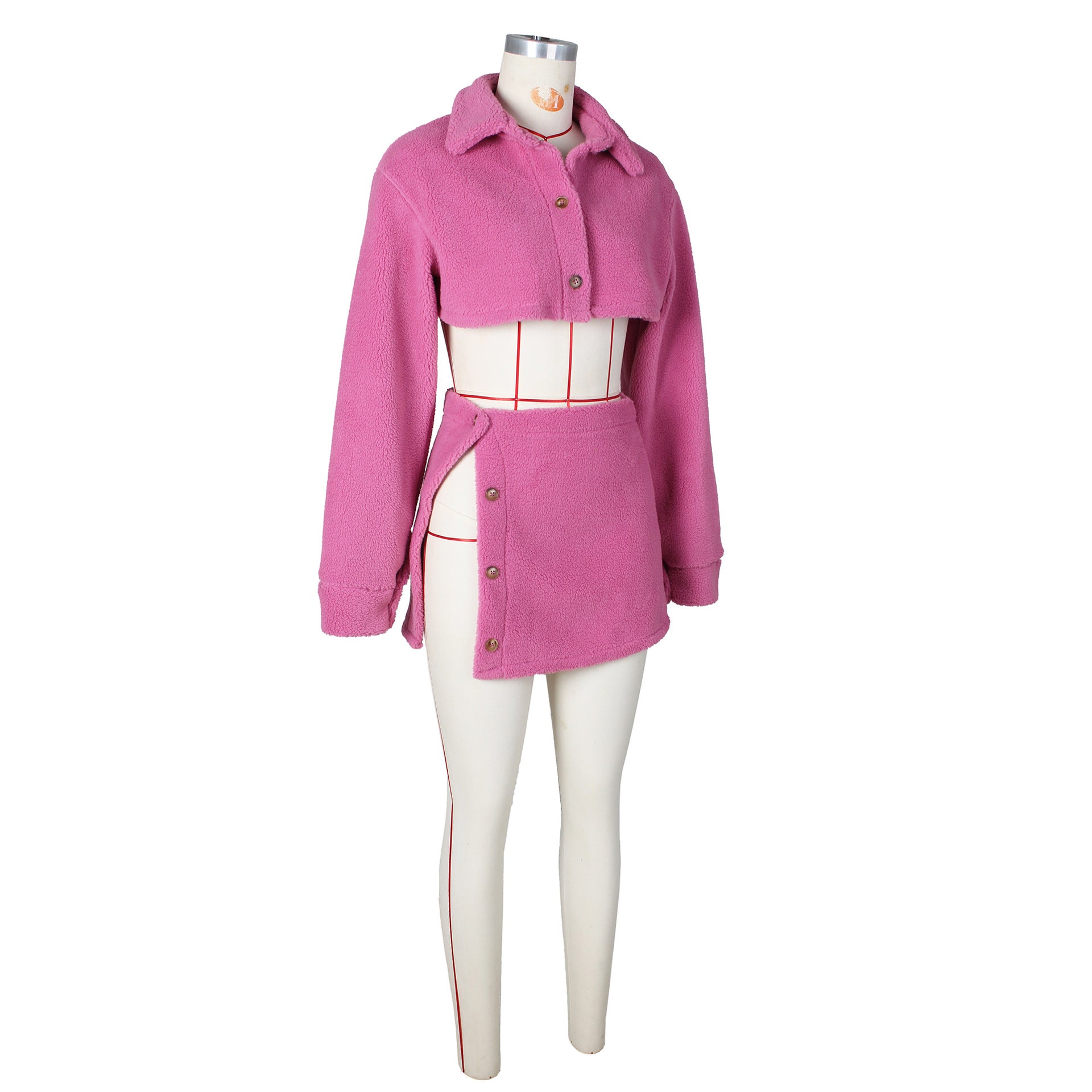 Autumn And Winter Women's Sexy Fleece Turndown Collar Slit Two Piece Skirt Set 9