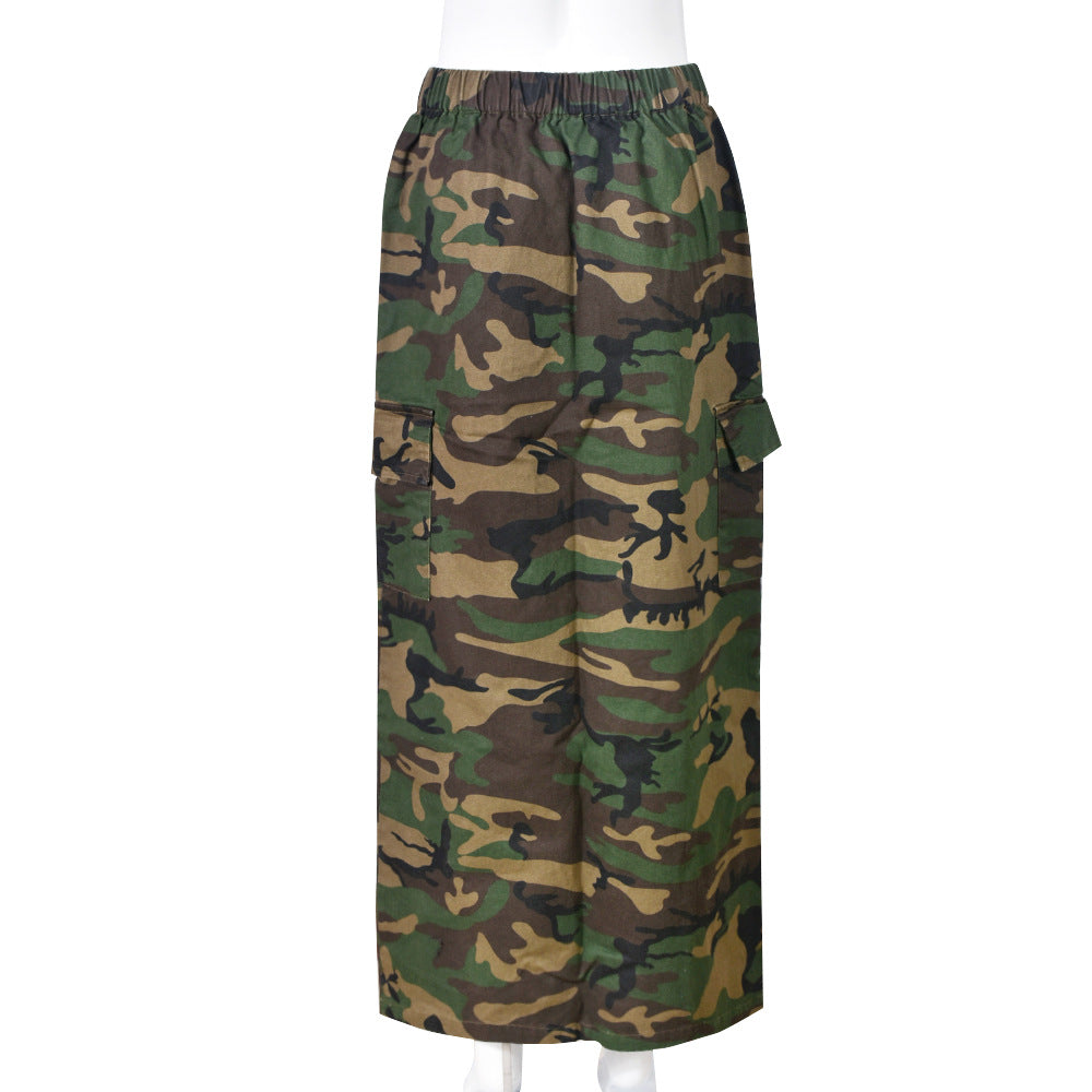 Elastic Waist Women's Spring and Summer Pocket Outdoor Fashion Style Camouflage Washed Skirt 14