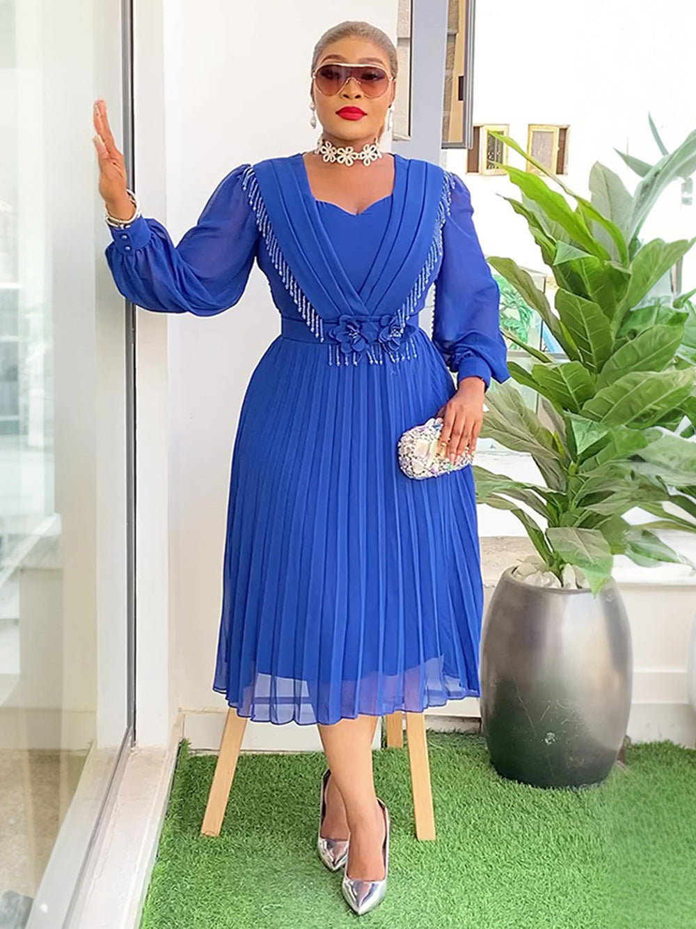 Chic Career Slim Waist Pleated A-Line Chiffon Dress 7