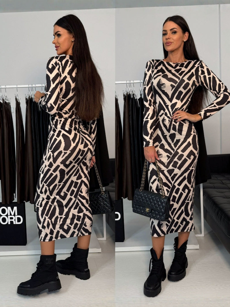 Women Sexy Round Neck Printed Slit Maxi Dress 5