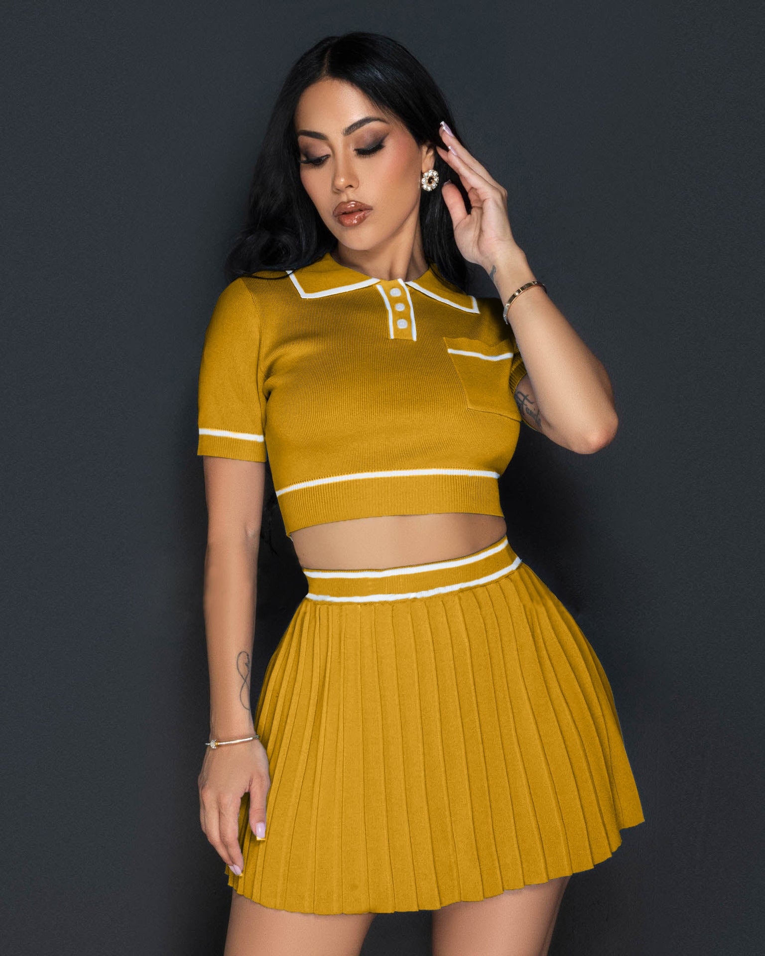 Fashion Print Style Round Neck Short Sleeve  Knitting Top Pleated Skirt Women Two-Piece Set 3