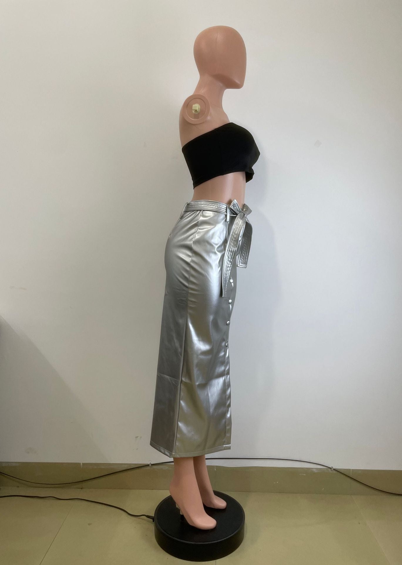 Autumn And Winter Mid-Length Black Pu Buckle Slit  Casual Leather Skirt With Belt 16