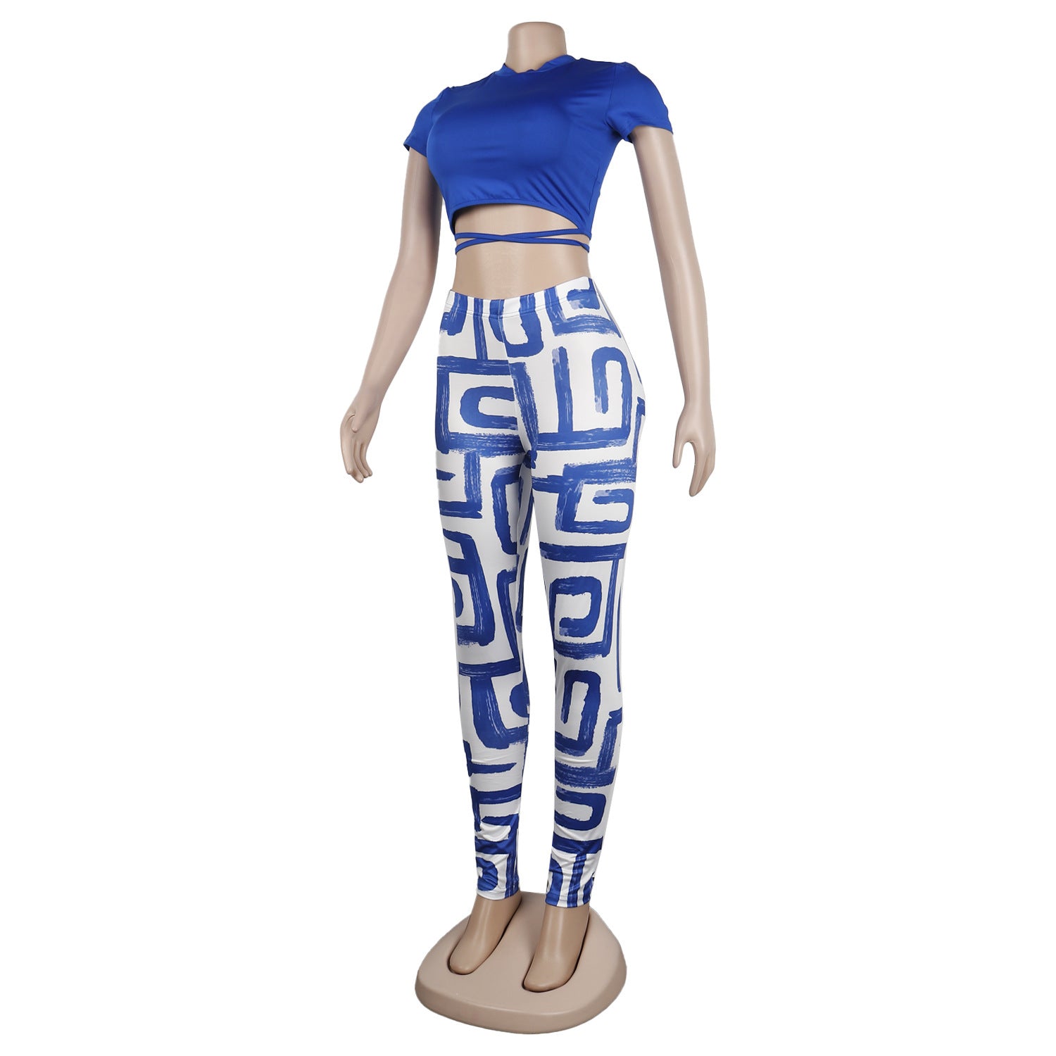 Women Sexy Short Sleeve Top+ Printed Trousers Two-piece Set 25