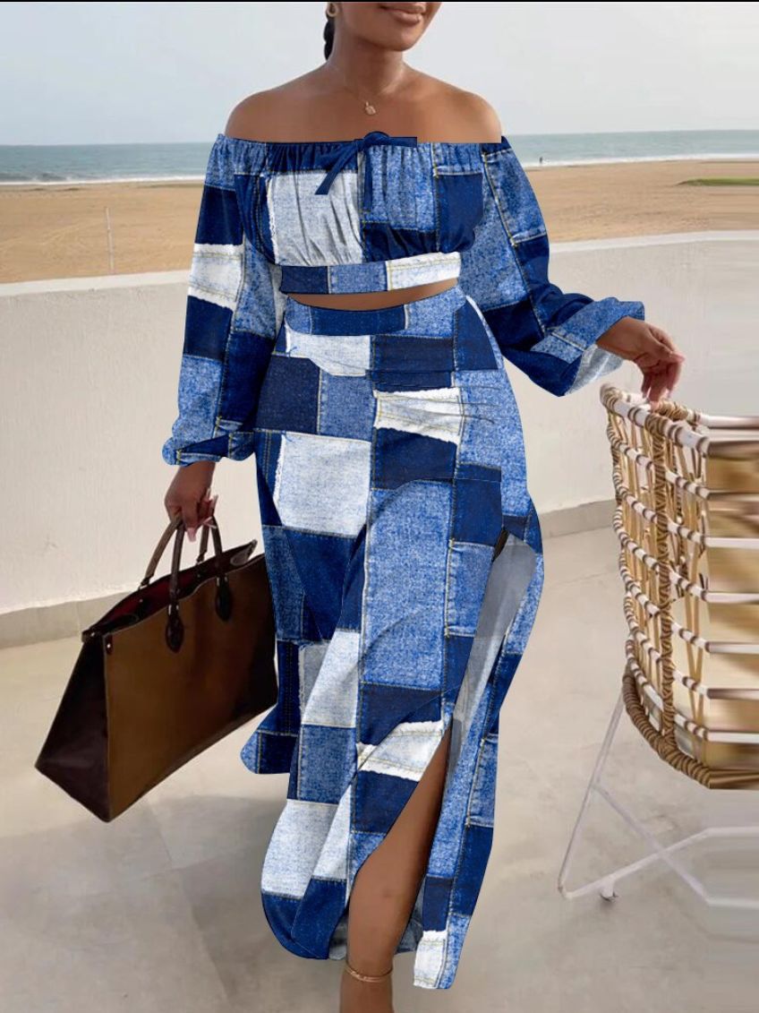 Fall Casual Print Off Shoulder Long Sleeve Slit Holidays Maxi Skirt Two-Piece Set 10