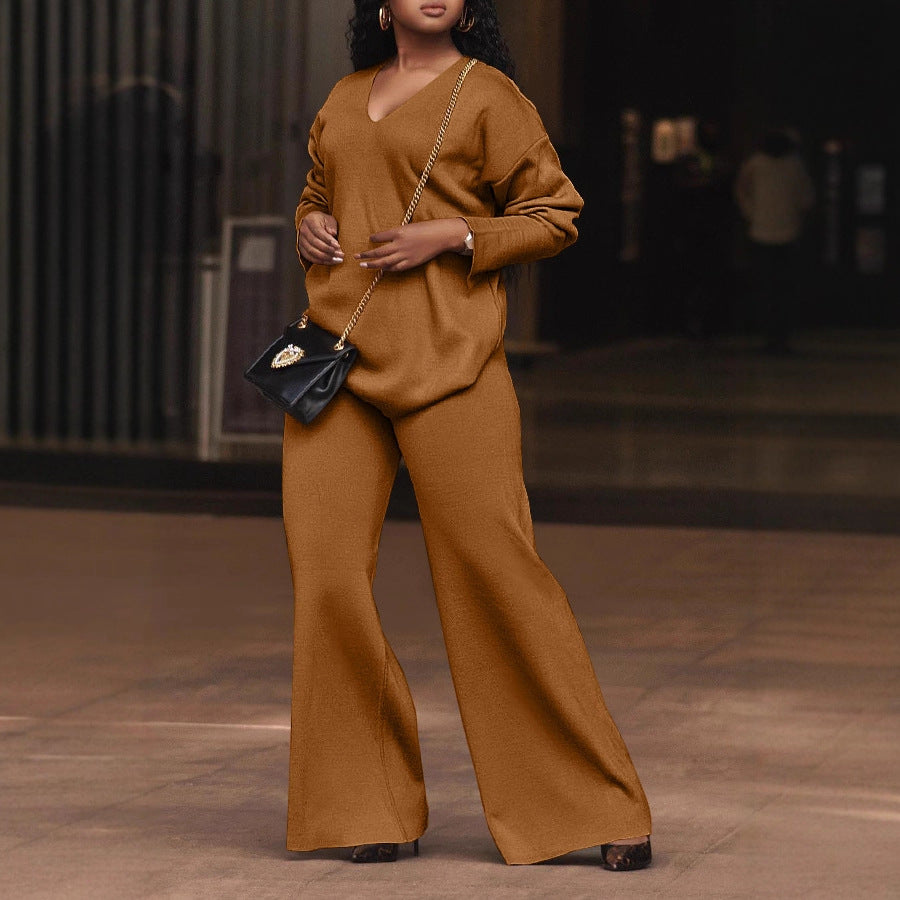 Women Solid Long-Sleeved Slit Two-Piece Set 7