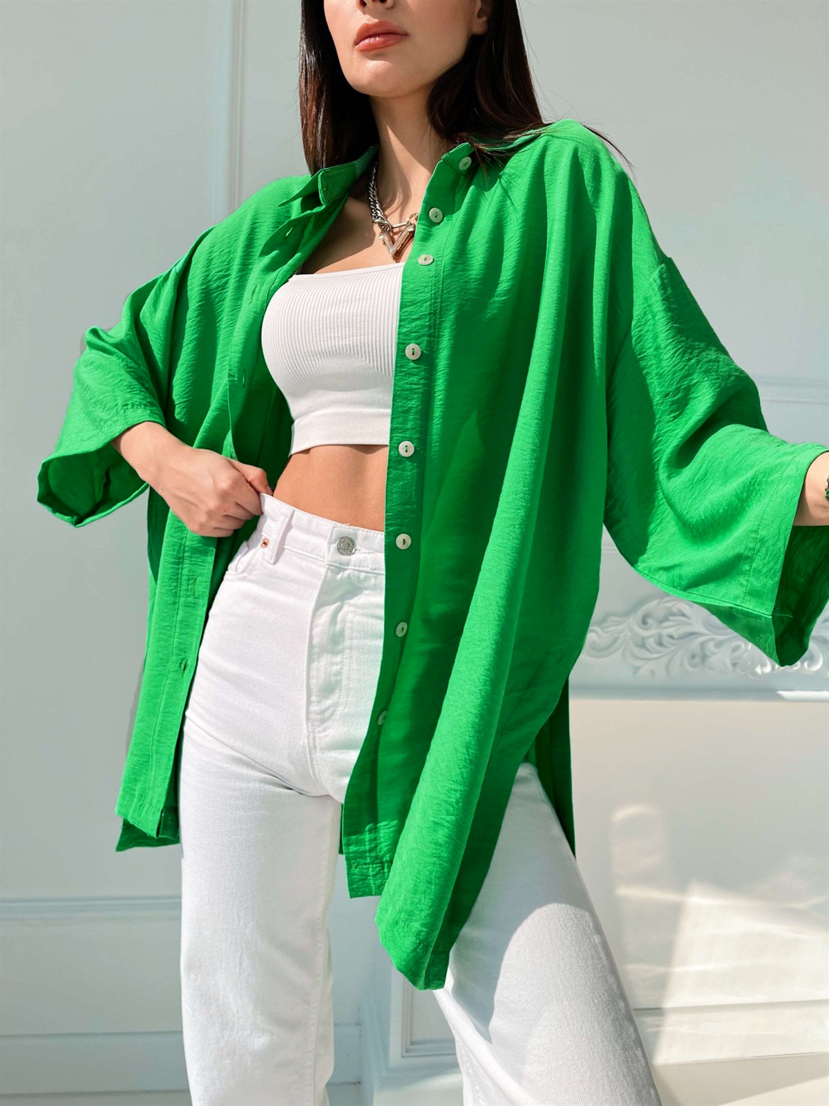 Shirt Women's Loose Bell Bottom Sleeve Spring Summer Comfortable Casual Solid Color Slit Shirt 3