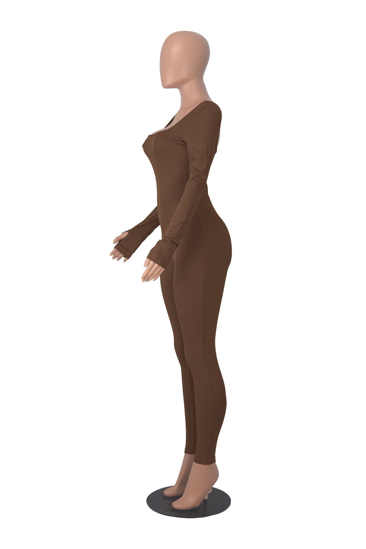 Women's Solid Color Long Sleeve Ribbed Square Neck Low Back Slim Fit Jumpsuit 24