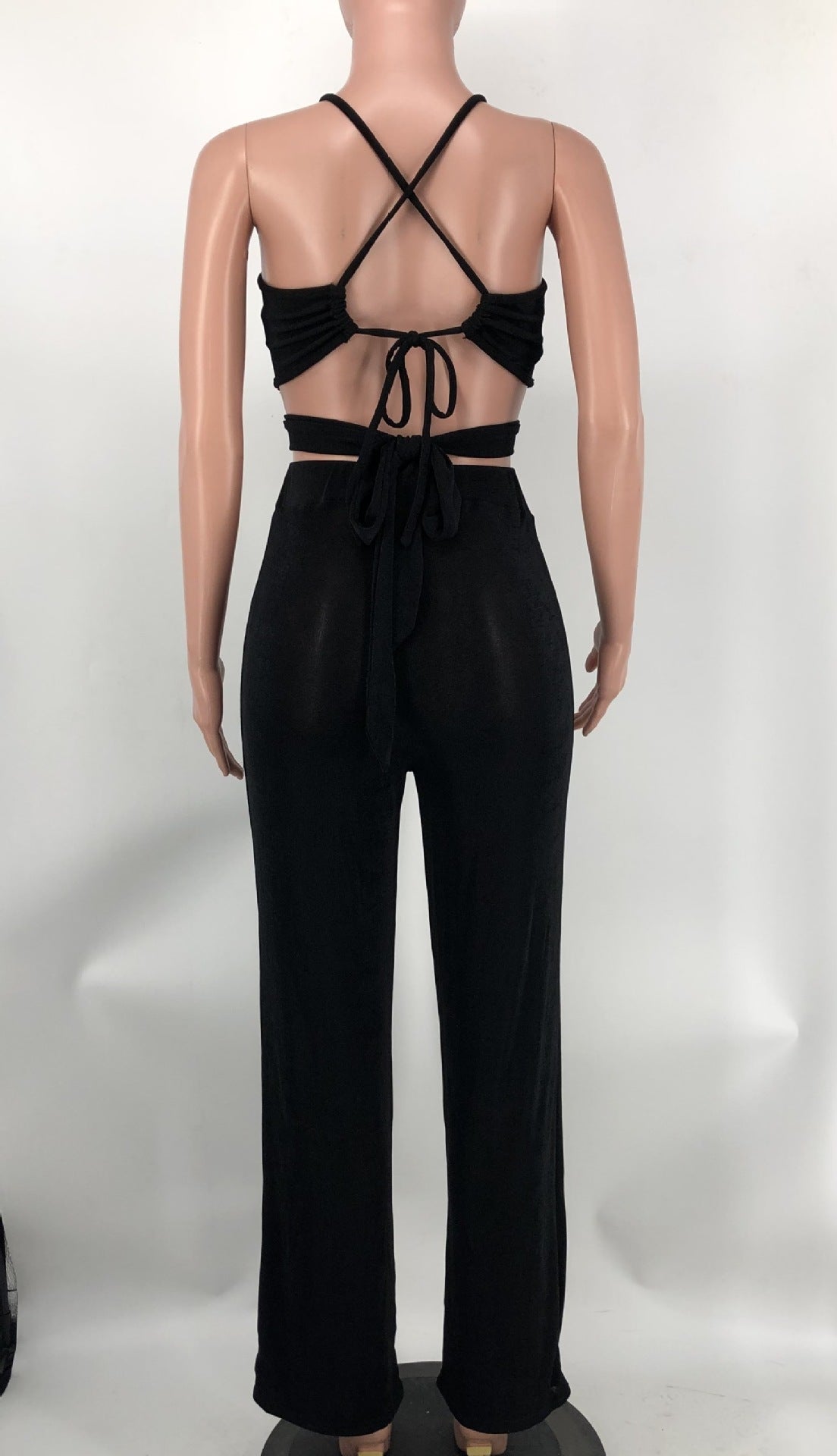 Women Halter Neck Crossover Crop Top andSolid Wide Leg Pants Two-Piece Set 28