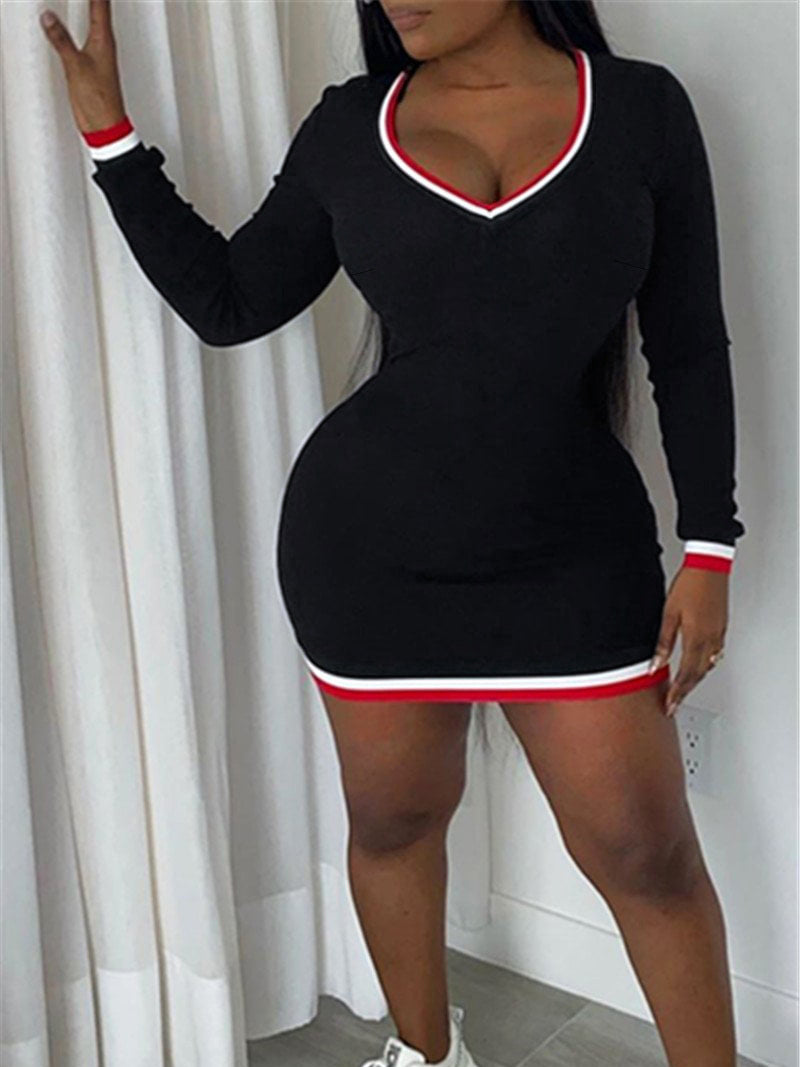 Women's Plus Size Slim V Neck Solid Color Long Sleeve Bodycon Dress 3