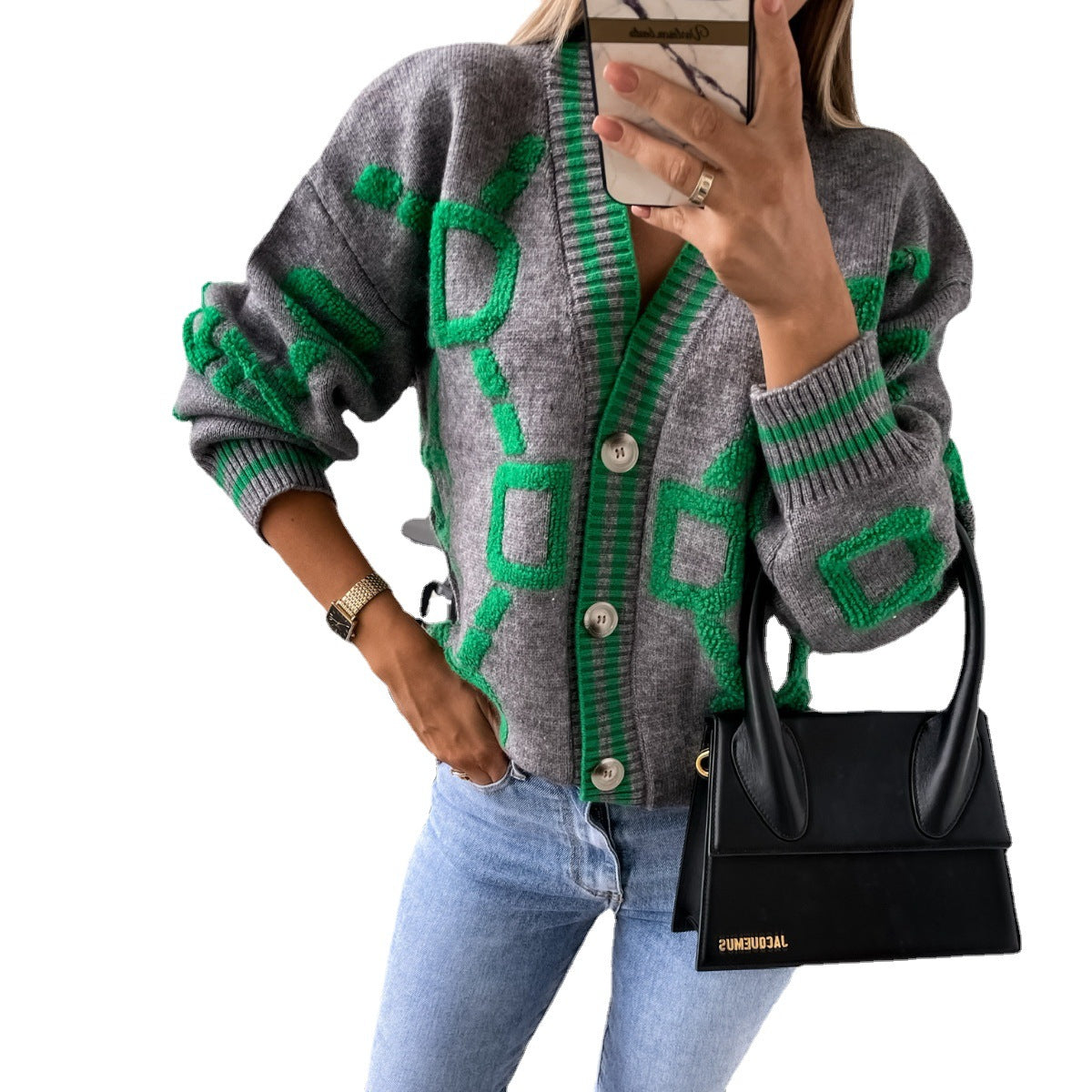 Autumn And Winter Sweater Jacket Single-Breasted Embroidered V-Neck Top Loose Knitting Cardigan 8