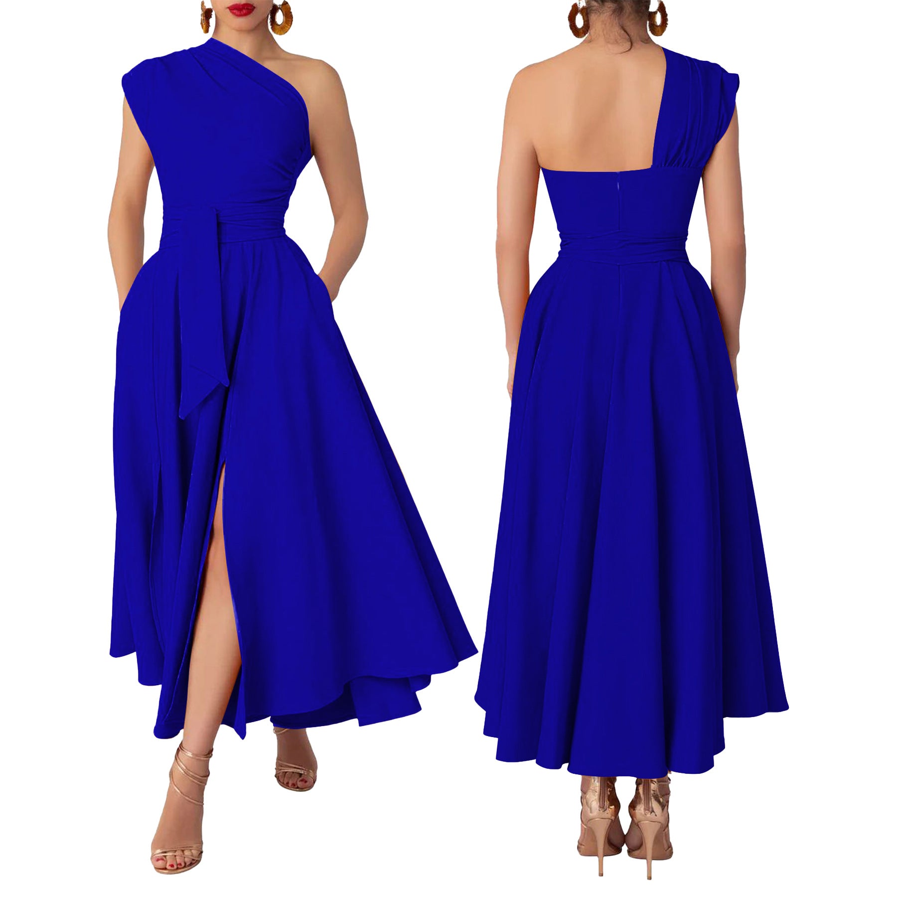 Summer Fashion Women's Sleeveless Slash Shoulder Solid Color Slim Waist Slit A-Line Dress 4