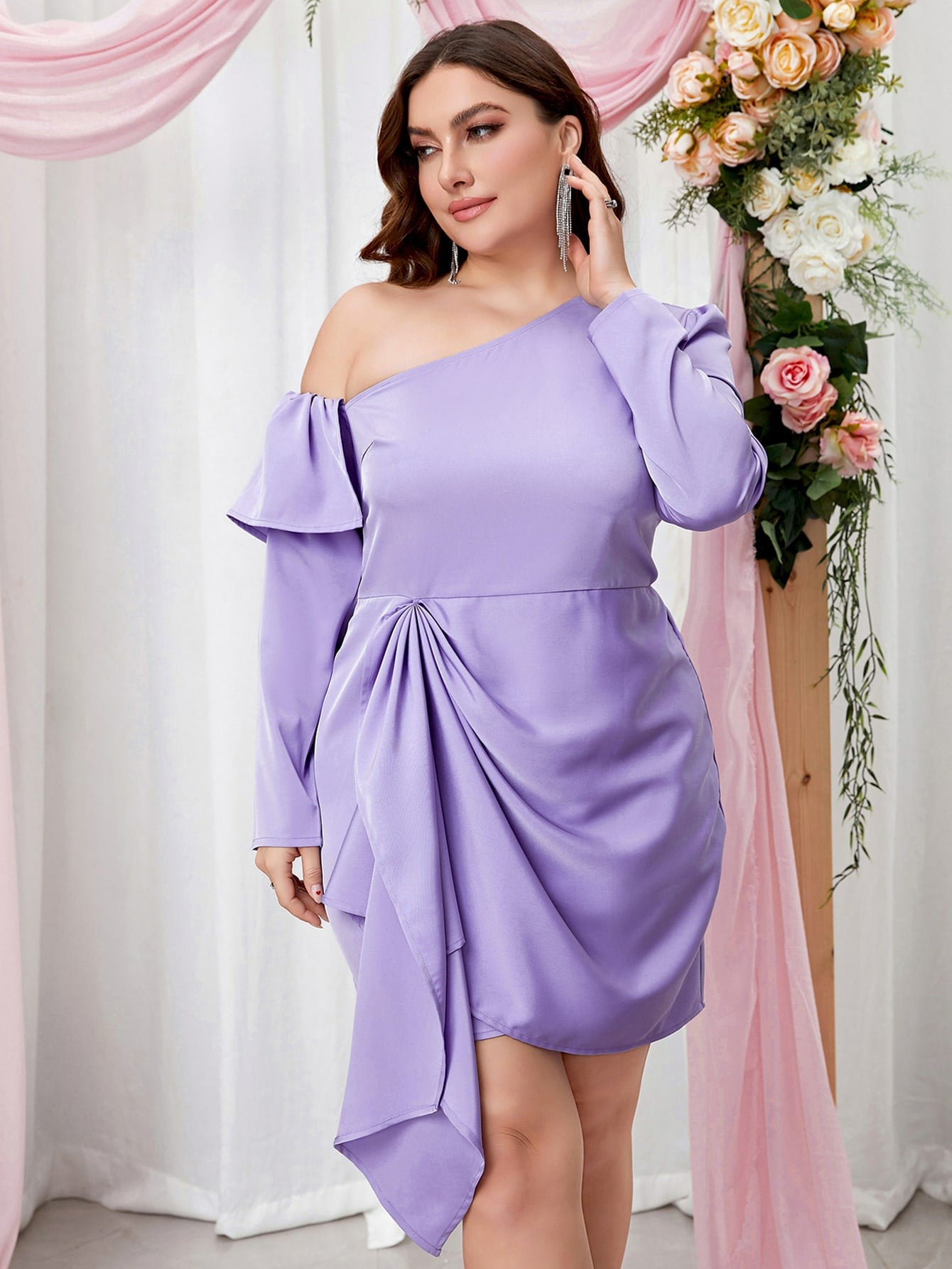 Plus Size Women Long Sleeve Slash Shoulder Off-shoulder Bodycon Dress 5