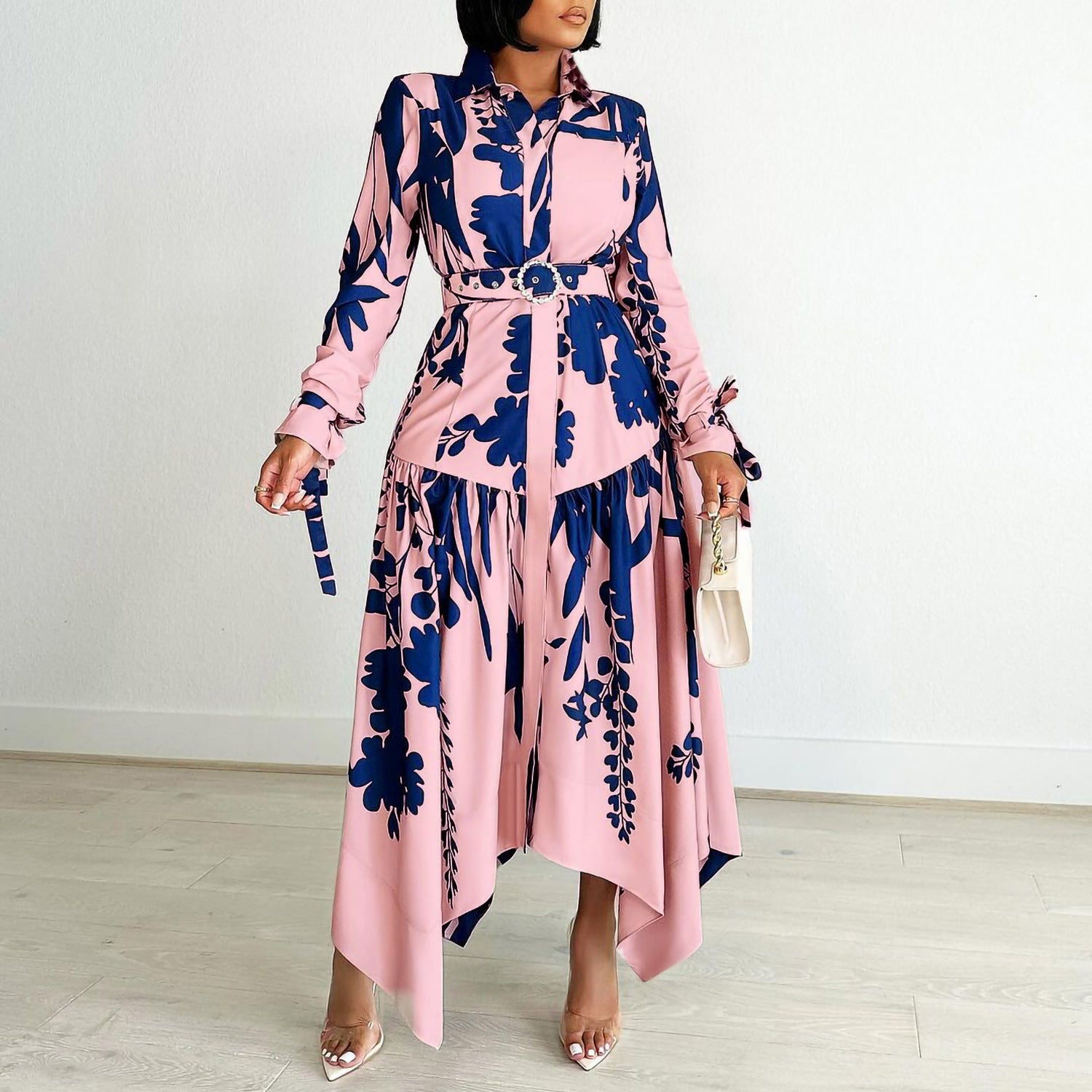 Plus Size Women Irregular Print Turndown Collar Dress 3