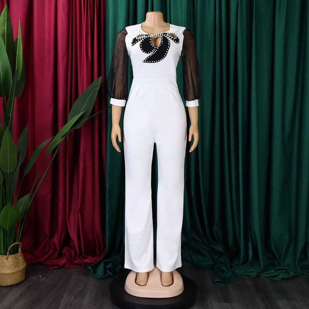 Women'S Summer Short Sleeve Puff Sleeve Beaded Sexy Wide Leg Slim Waist Plus Size Jumpsuit 16