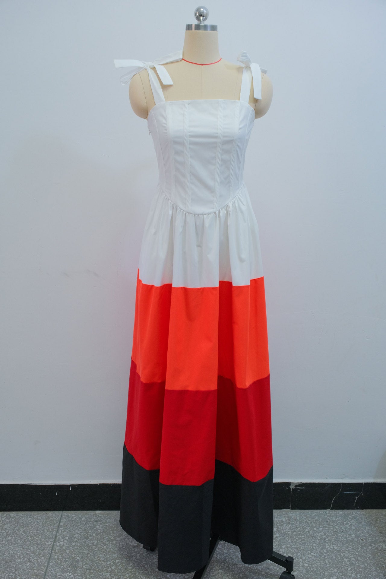 Women Spring Bow Suspender Color Block Dress 8