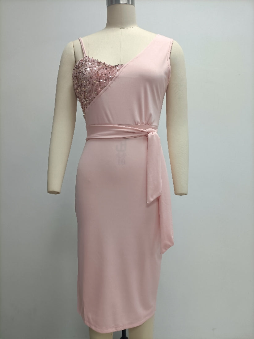 Women'S Solid Color Sexy Sequin Patchwork Slit Belt One Shoulder Evening Dress Nightclub Dress 13