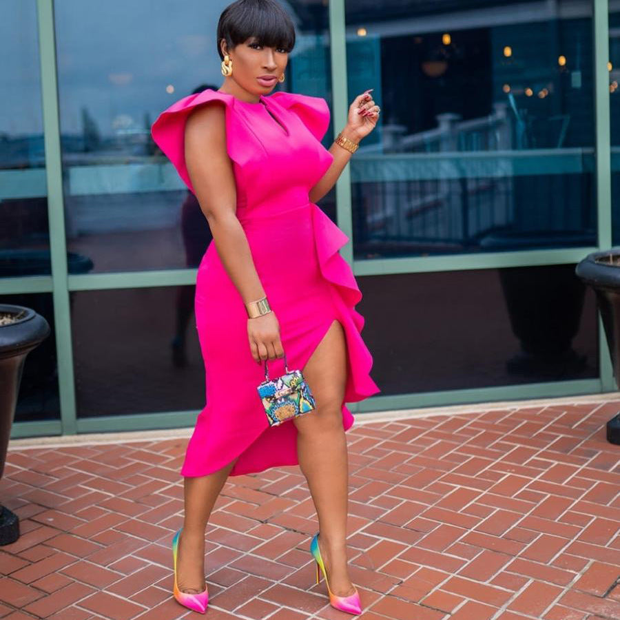 Plus Size Women Solid Irregular Slit Formal Party Dress 5