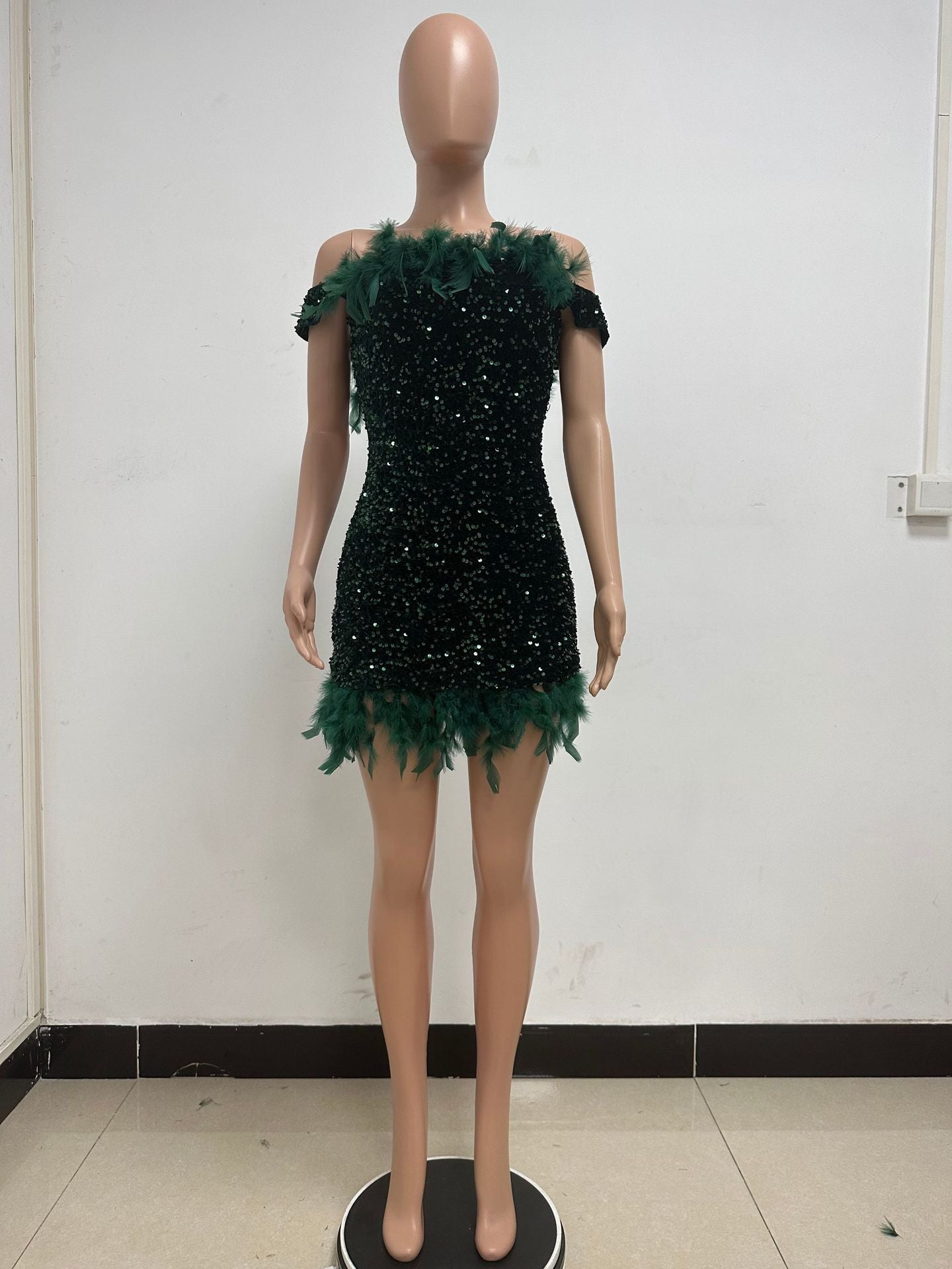 Women's Summer Sequin Low Back Beach Dress Off Shoulder Feather Bodycon Dress 19