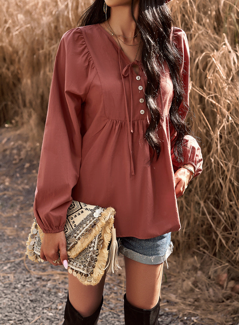 Women Chic Career Solid V Neck Long Sleeve Top 24