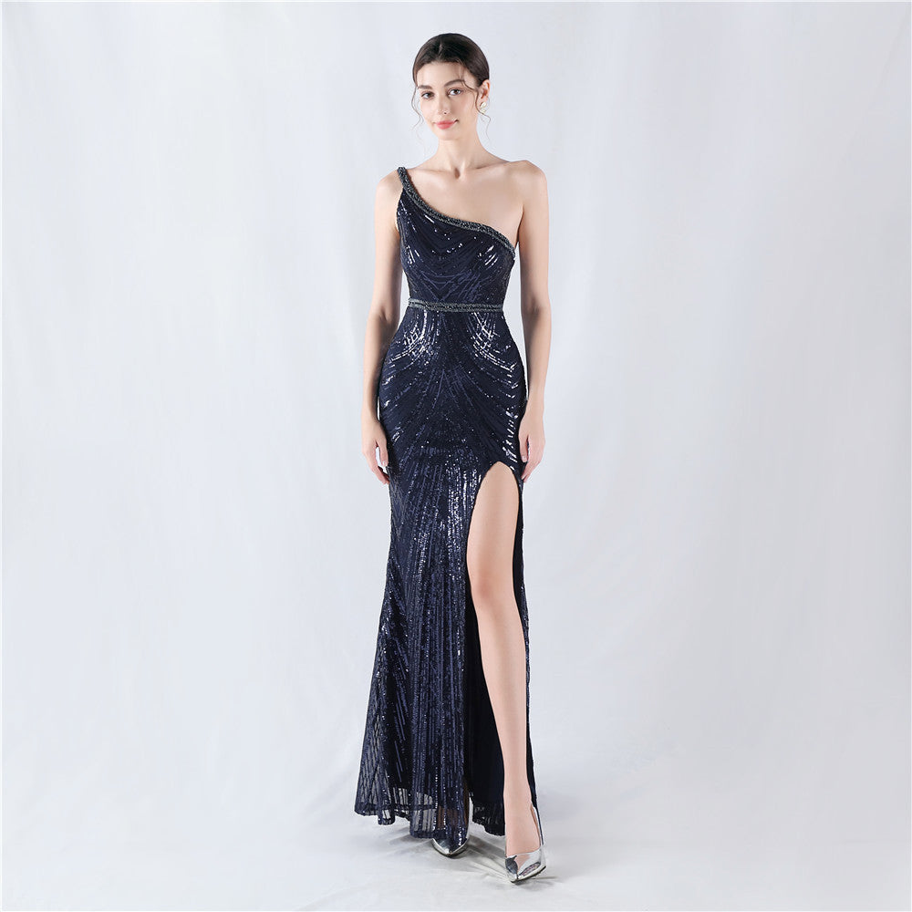 Women Flower Sequin Beaded One-shoulder Evening Dress 11