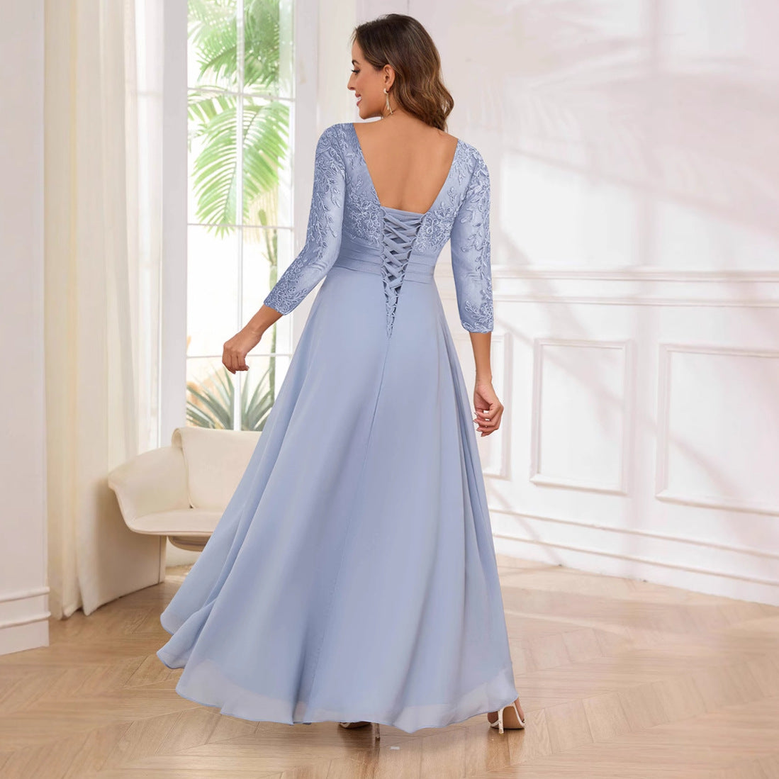 Long Slim Evening Dress Women's V-Neck Long Sleeve Prom Party Dress（Processing time need 3-6 days） 4