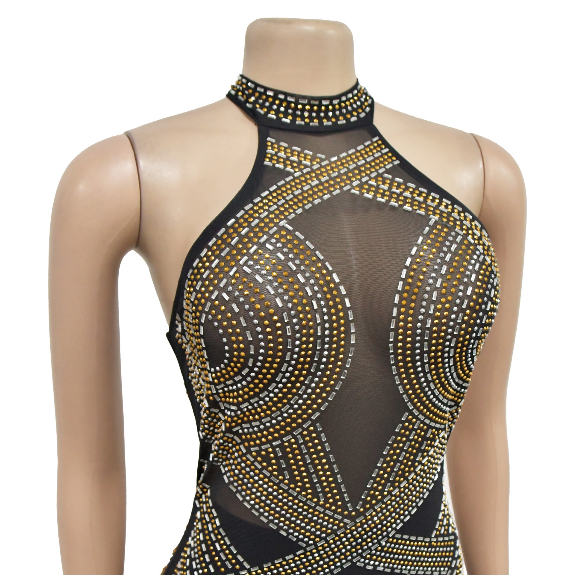 Women Solid mesh Beaded Halter Neck Long Dress 8