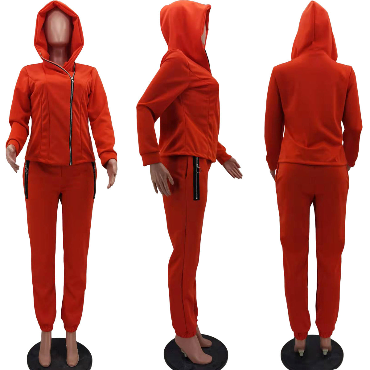 Women's Solid Color Zipper Fashion Casual Sports Two-Piece Pants Set 16