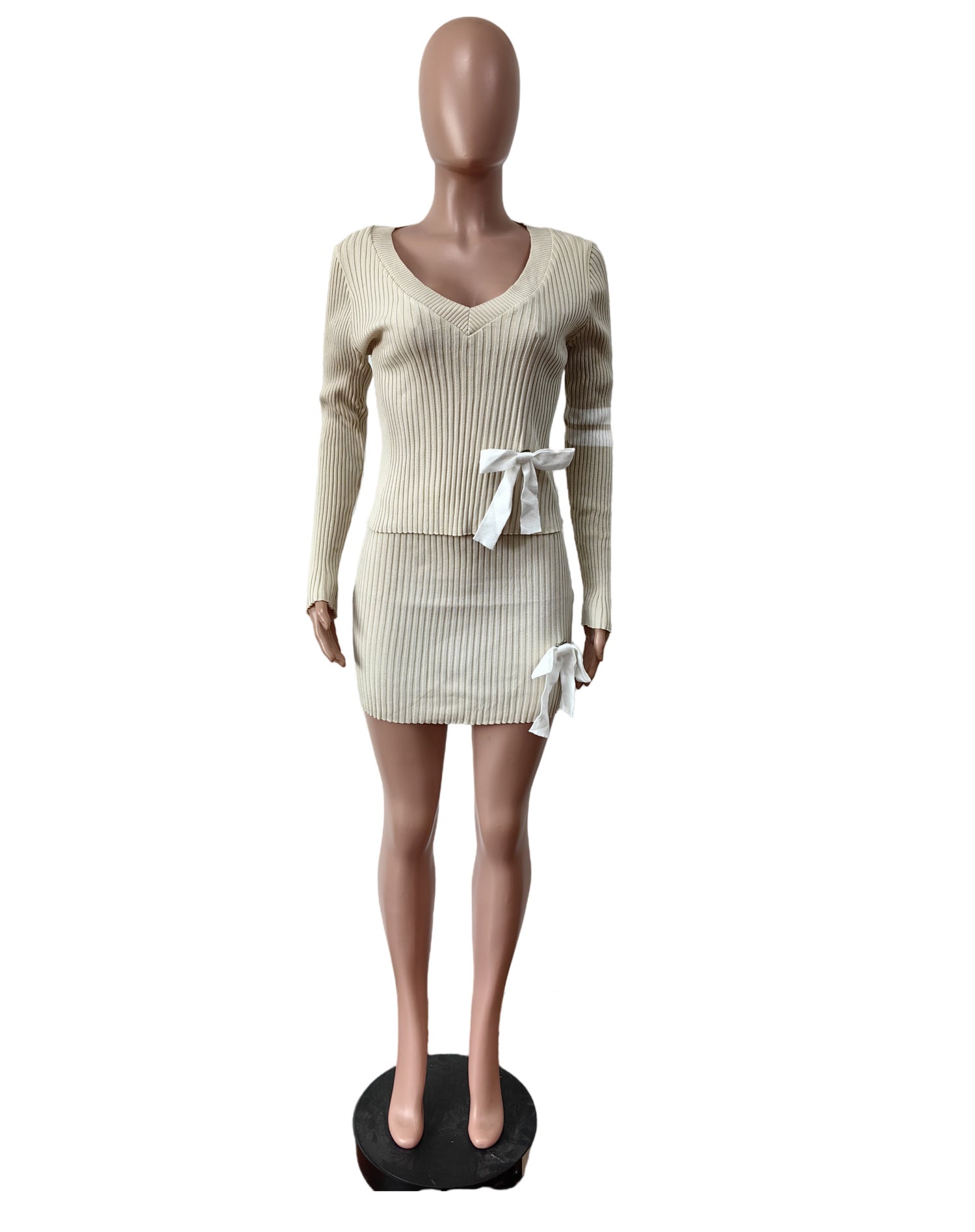 Women Casual Bowknot V-neck Sweater And Skirt Two Piece Set 4