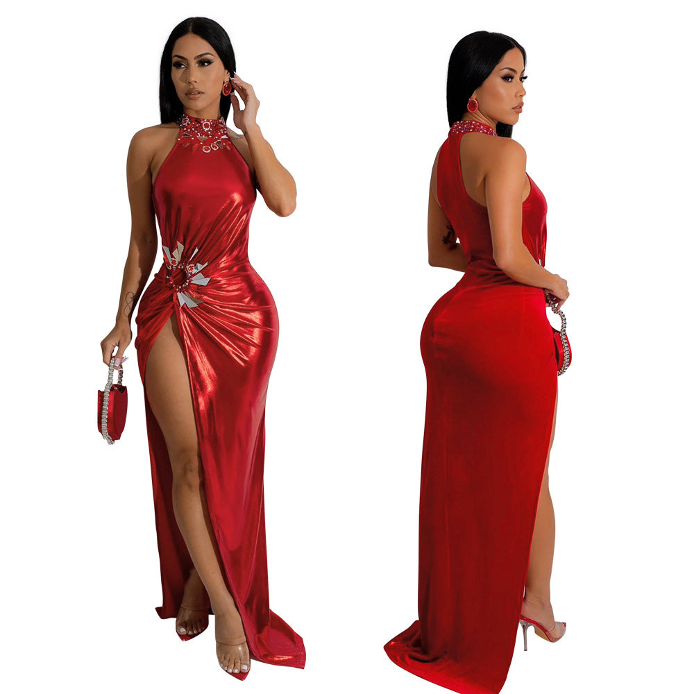 Women Sleeveless High Slit Solid Beaded Maxi Dress 6