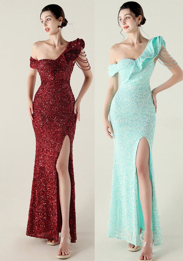 Women one-shoulder pleated ruffled beaded chain sequined Formal Party evening dress