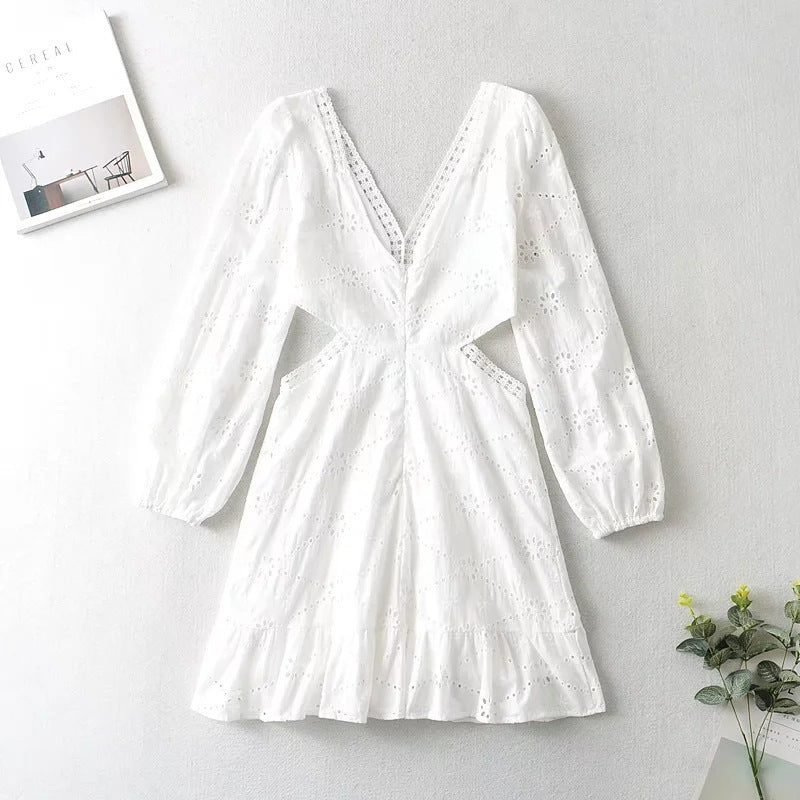 Women Sexy V-neck Lace Hollow Ruffle Dress 5