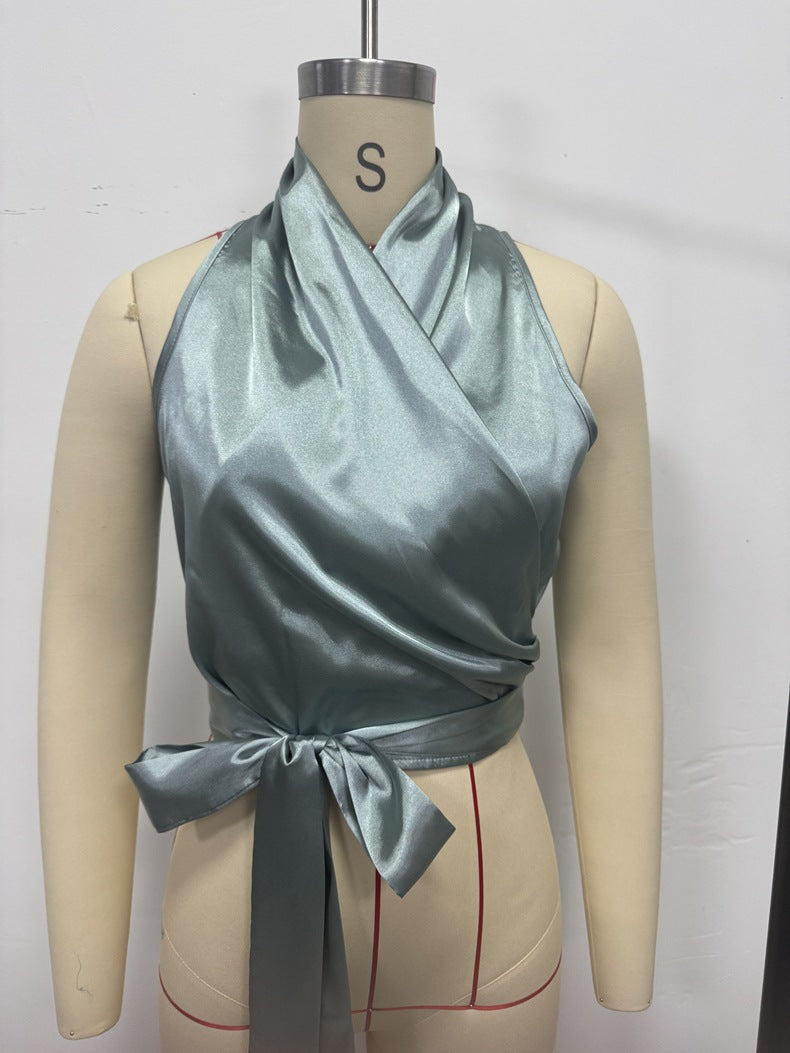 Women satin spring and summer Halter neck Sexy Lace-up Sleeveless Top 7