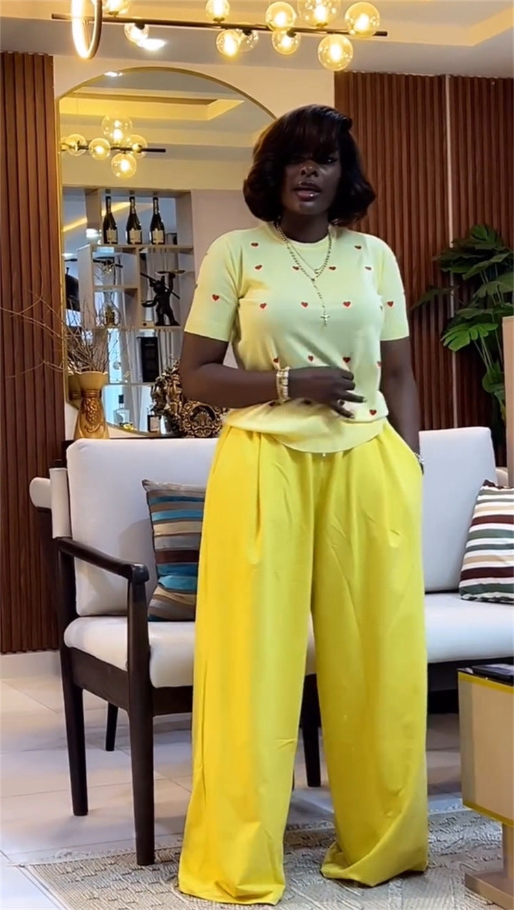 Women's Summer Sweet & Trendy Round Neck Heart Print Short Sleeve Top & Wide-Leg Pants Set 14