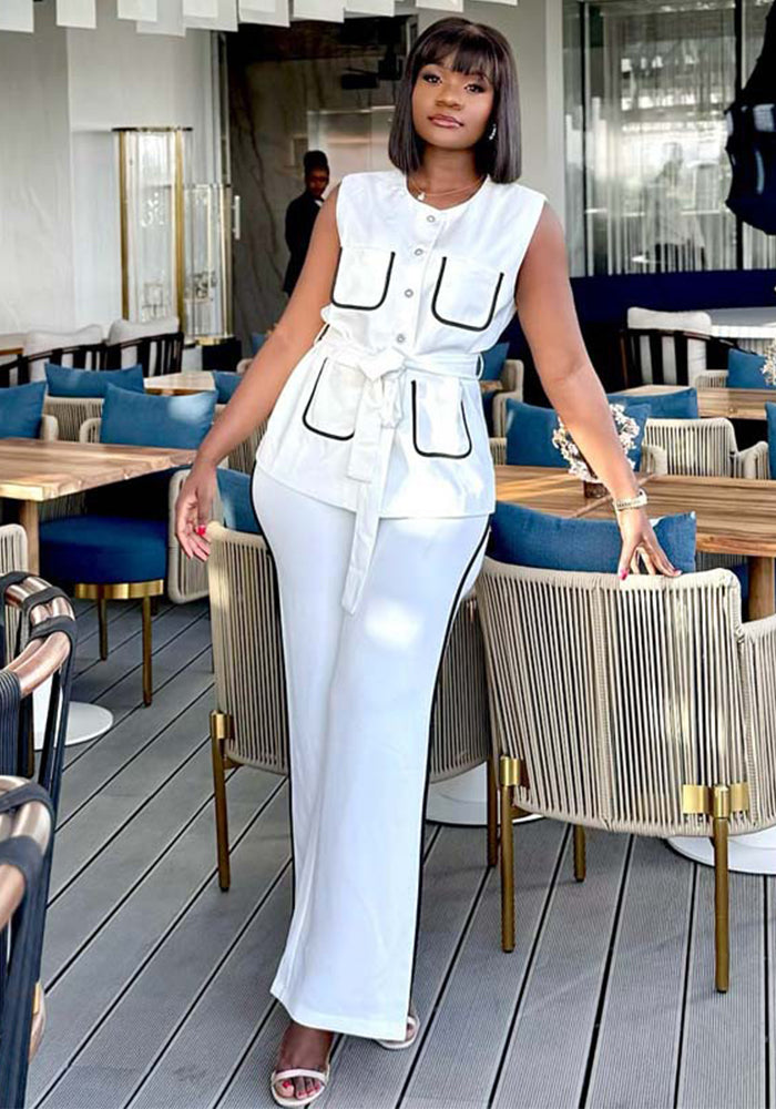 Contrast Color Pocket Chic Elegant Belt Vest & Pants African Women's Two-Piece Set