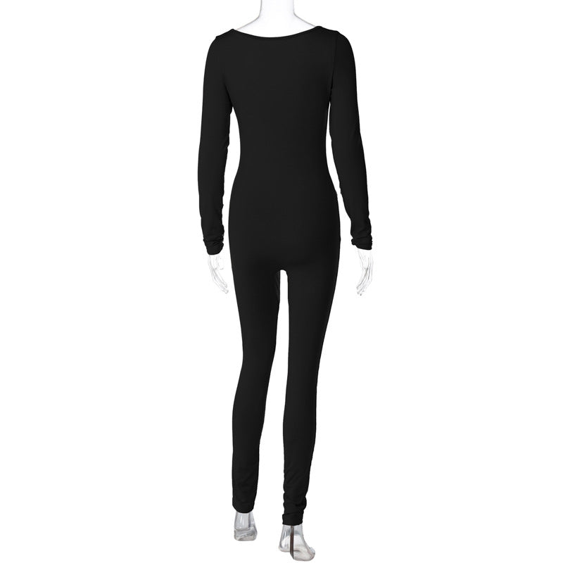 Women Winter Solid Square Neck Pleated Long Sleeve Jumpsuit 21