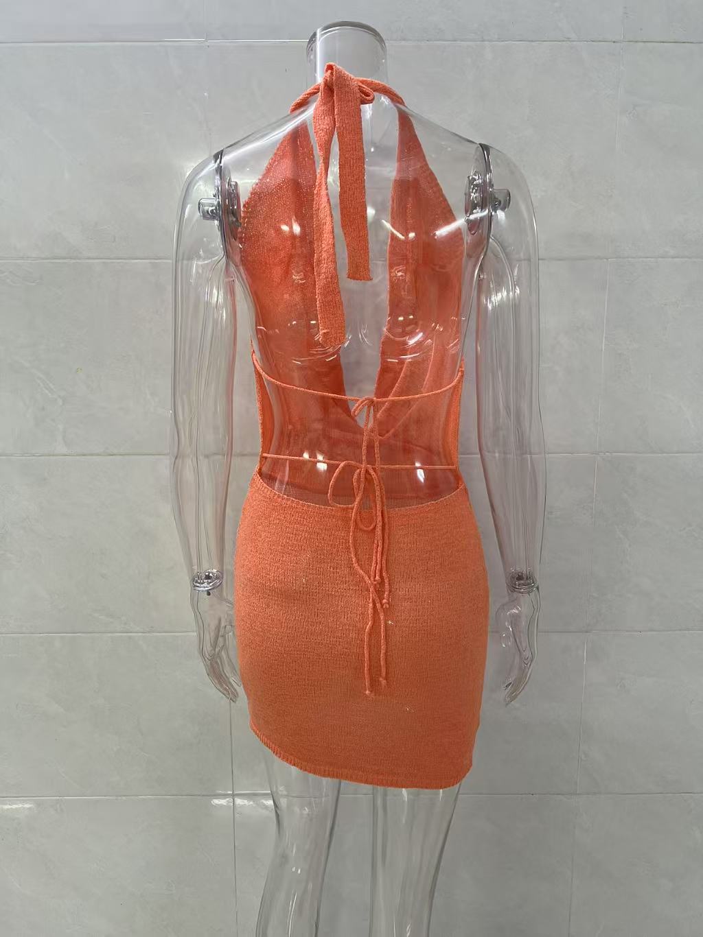 Sexy Low-Back Summer Style Halter Neck Lace-Up Knit Bodycon Mini Dress 13