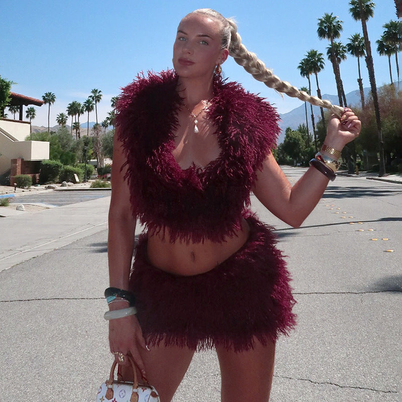 Women's Faux Fur U-Neck Hooded Low Back Top & Skirt Two-Piece Set 15