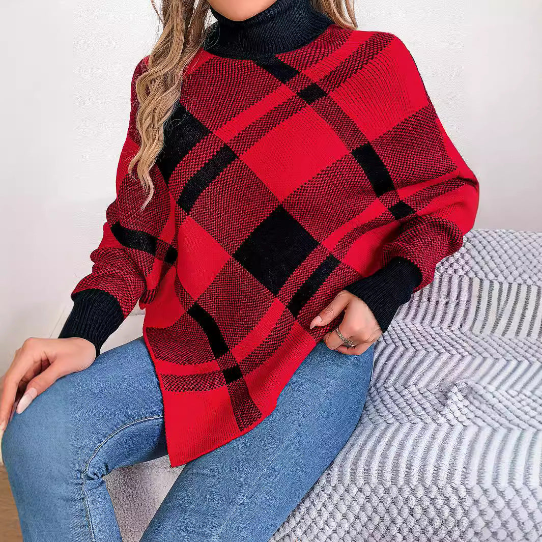 Autumn Winter Casual Contrast Plaid High-Neck Long-Sleeved Sweater Christmas Women's Clothing
