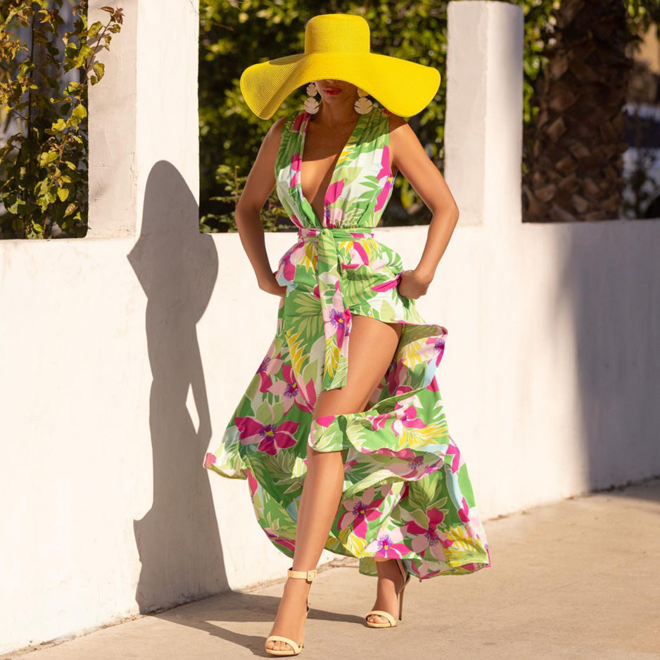 Summer Women's V-Neck Printed High Waist Belt Swing Maxi Dress 4