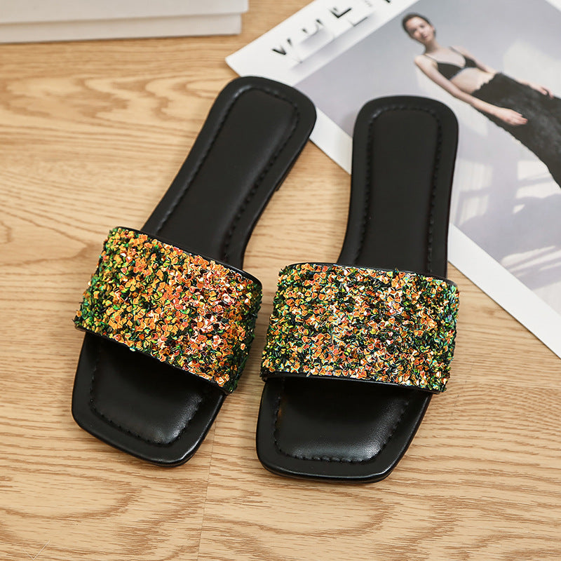 Plus Size Soft Sole Slippers Women Summer Outdoor Wear Flat Sequined Flip Flop Square Toe Flat Sandals and Slippers 6