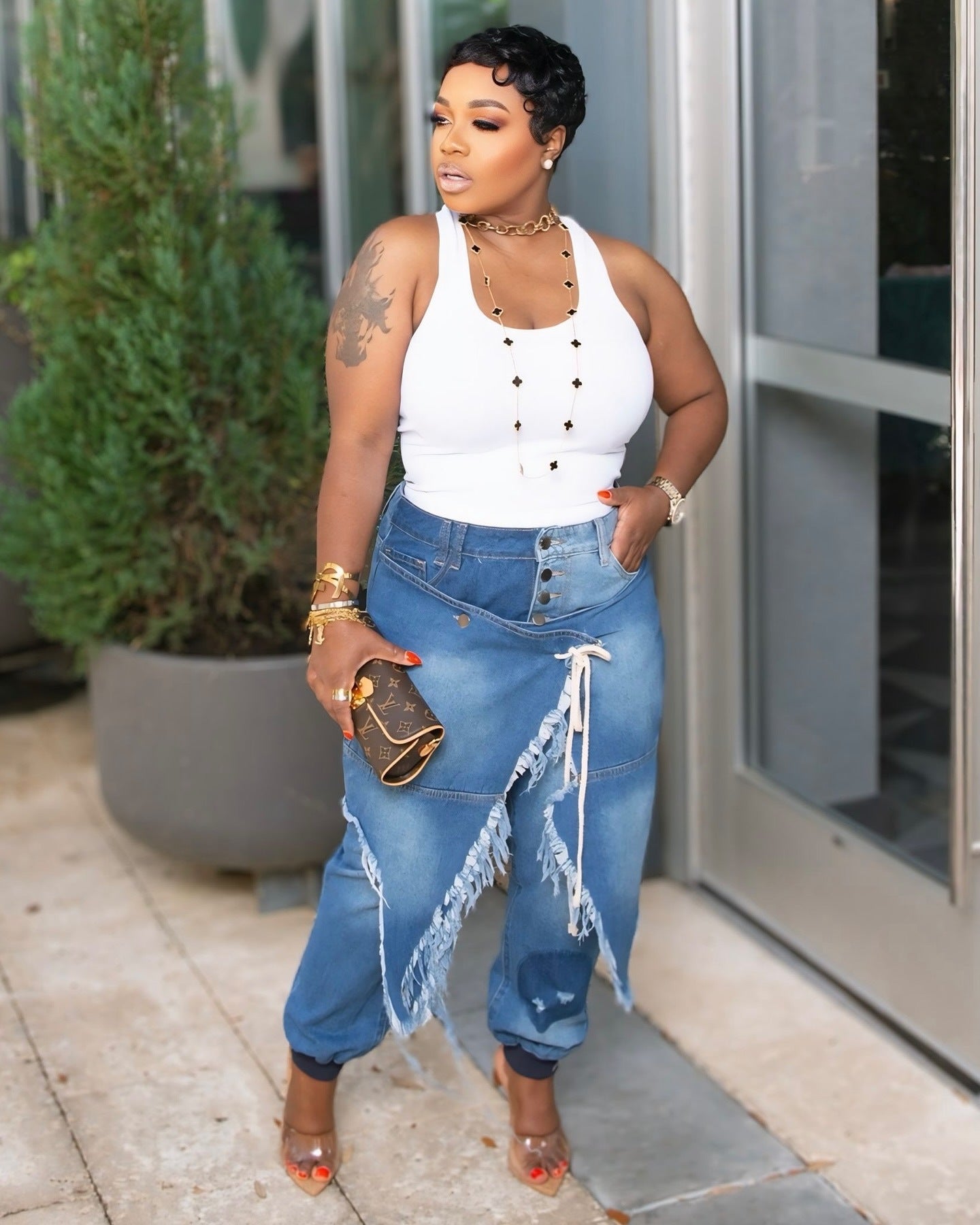 Women Ripped Lace-up Denim Pants 5