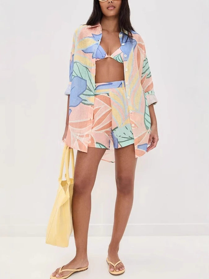 Women Casual Printed Long Sleeve Shirt and Shorts Two-piece Set 5