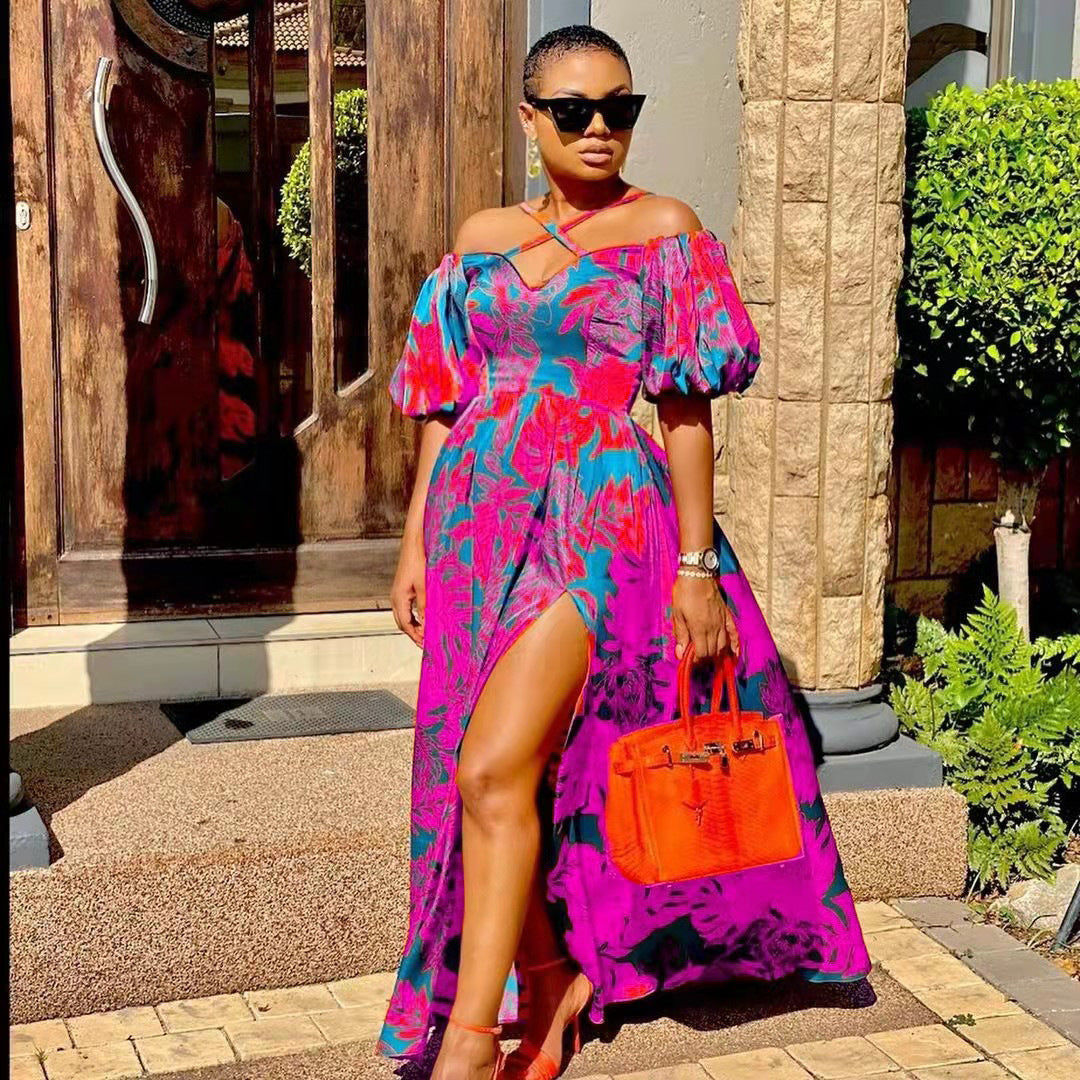 Spring/Summer Women'S Printed Strap Halter Off Shoulder Slit Maxi Dress 10