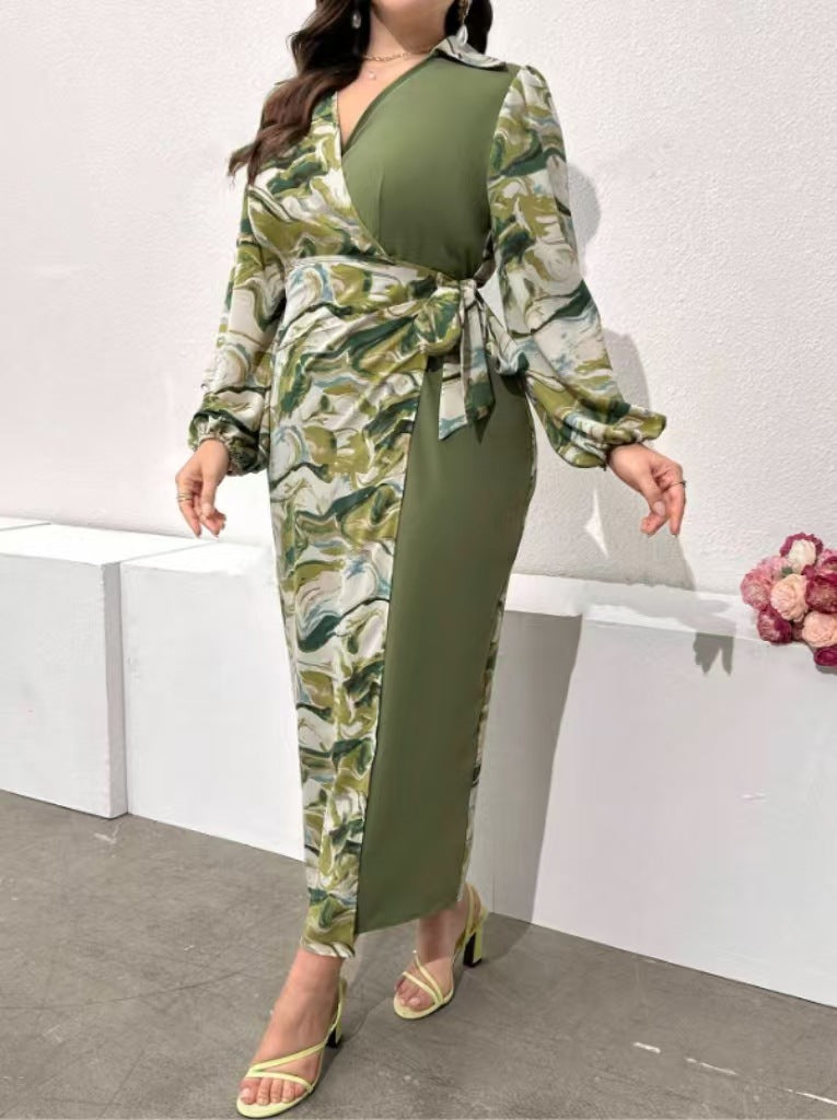 Plus Size Women V-Neck Printed Long Sleeve Colorblock Dress 5